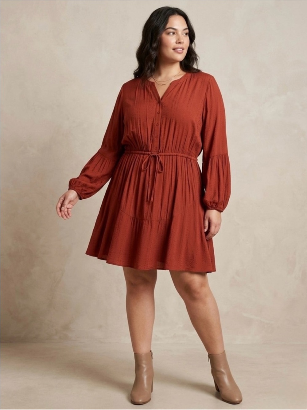 Maurices Rust Red Textured Balloon Long Sleeve Boho Mini Dress Size XLarge